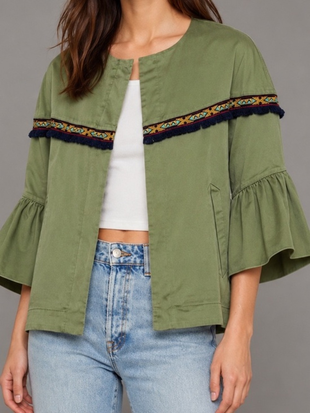 Zara Basic Aztec Embroidered Utility Fringe Bell Sleeve Boho Jacket Olive XS